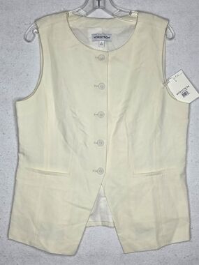 Nordstrom NWT Womens Large Cutaway Vest Linen Blend Ivory Tofu Button Minimalist